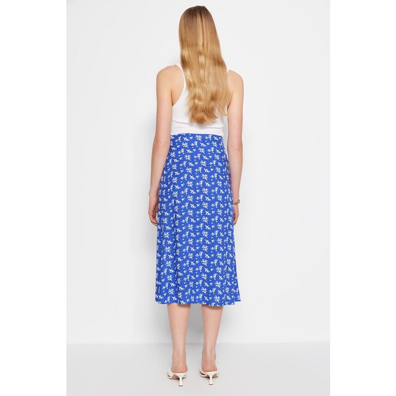 Trendyol Blue Midi Woven Skirt with a Slit Detail and Floral Pattern in Viscose Fabric