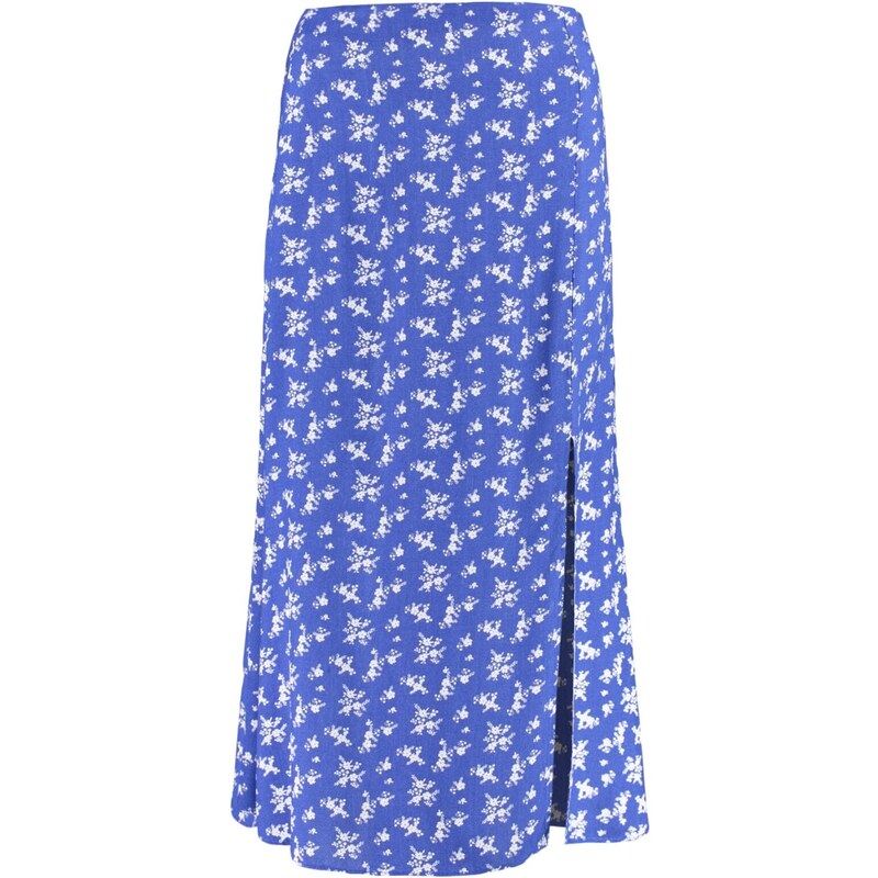 Trendyol Blue Midi Woven Skirt with a Slit Detail and Floral Pattern in Viscose Fabric