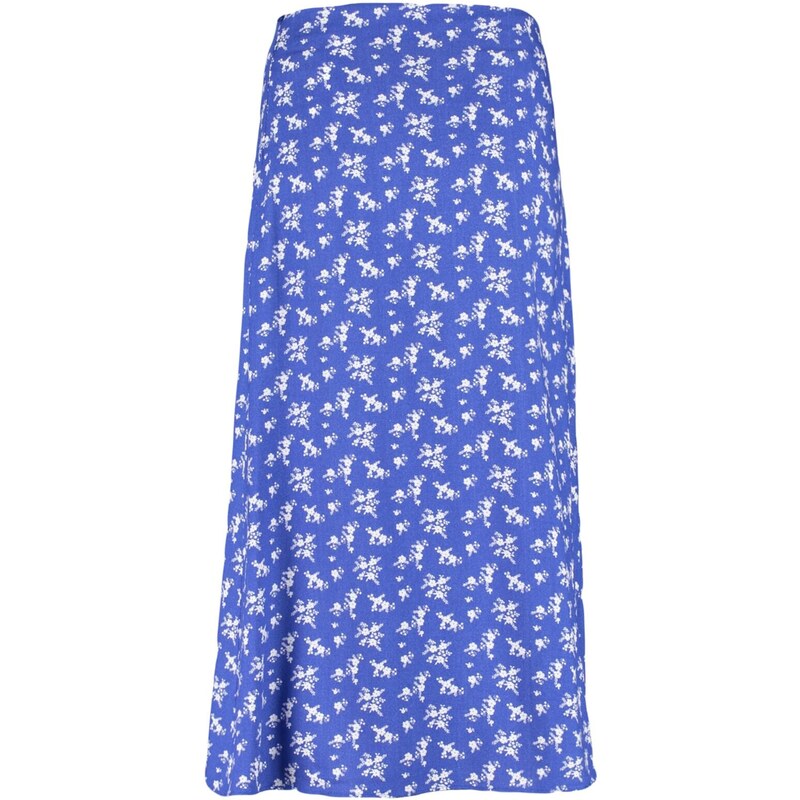 Trendyol Blue Midi Woven Skirt with a Slit Detail and Floral Pattern in Viscose Fabric