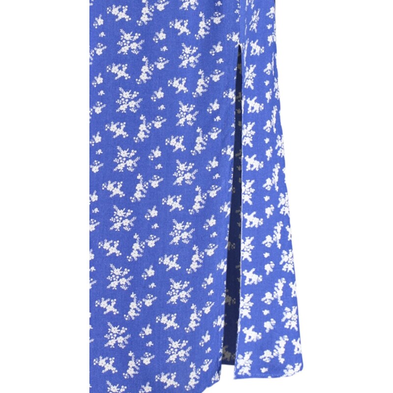 Trendyol Blue Midi Woven Skirt with a Slit Detail and Floral Pattern in Viscose Fabric