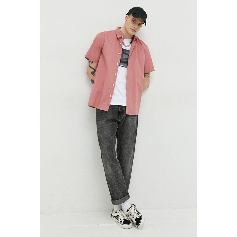 Košile HUGO pánská, růžová barva, regular, s klasickým límcem