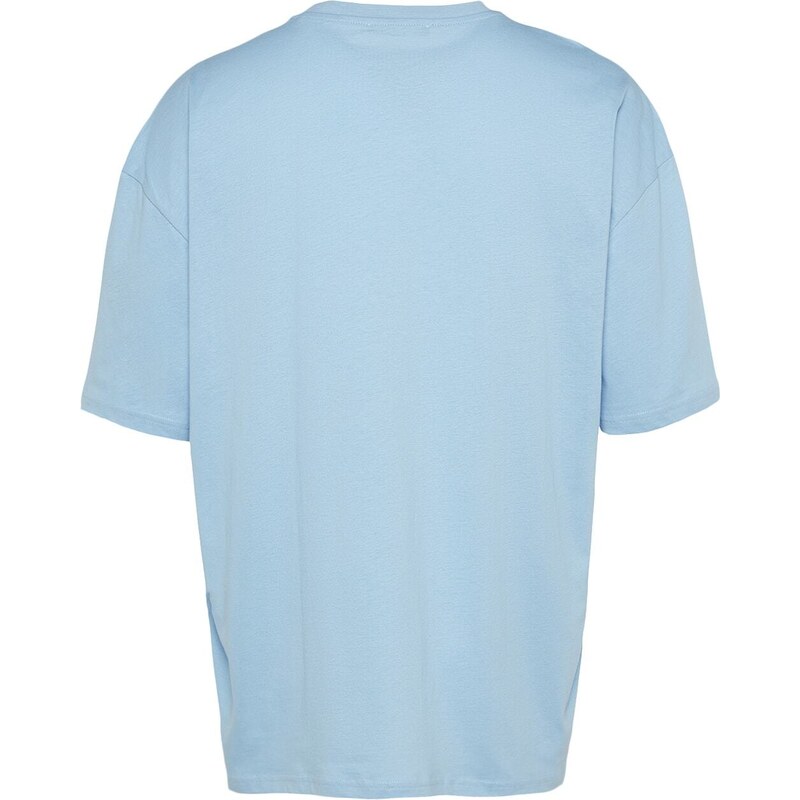 Trendyol Světle Modrá Unisex Oversize / Široký střih Posádka Neck Krátký rukáv Tištěné tričko