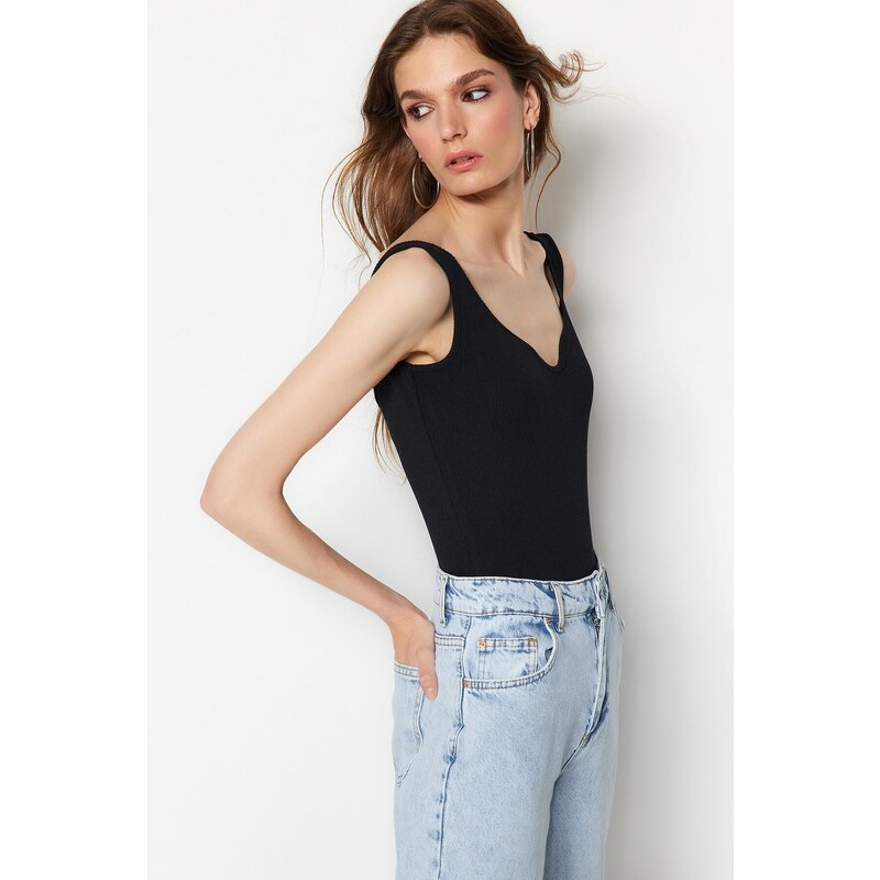 Trendyol Black Corduroy Sweetheart Bodysuit