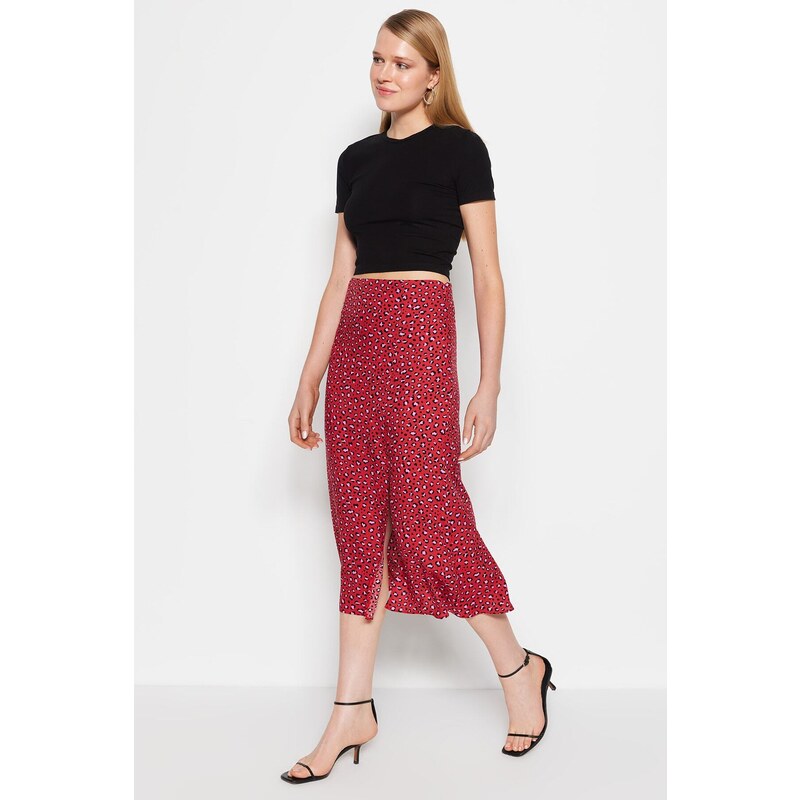 Trendyol Tile Slit Detailed Viscose Fabric Animal Patterned Midi Woven Skirt