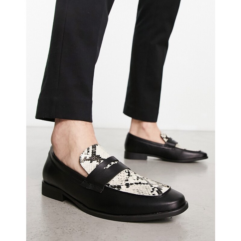 London Rebel X faux leather penny loafers in snake print-Black