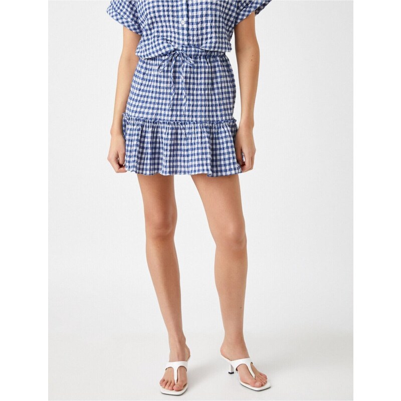 Koton Elastic Waist and Ruffled Mini Checkered Skirt