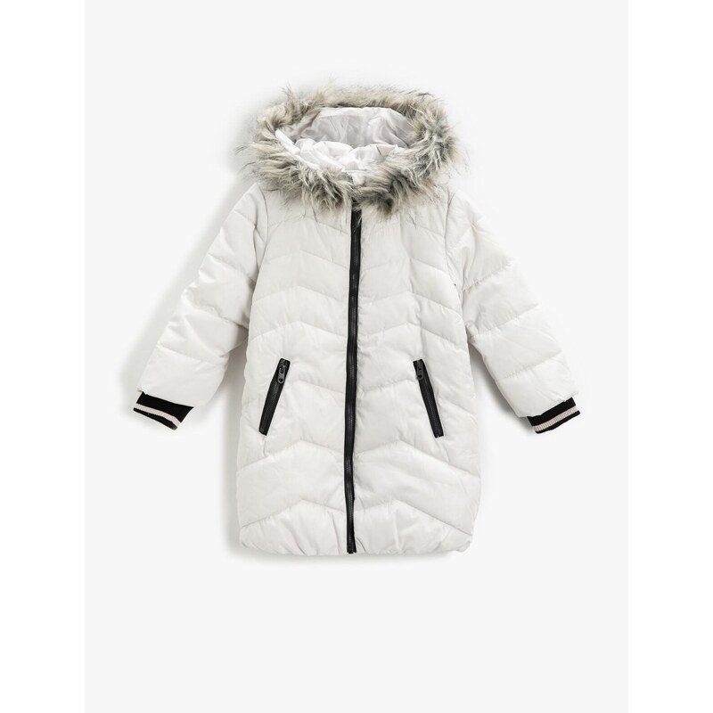 Koton Inflatable Long Coat Faux Fur Detailed Hooded, Zippered with Pocket.