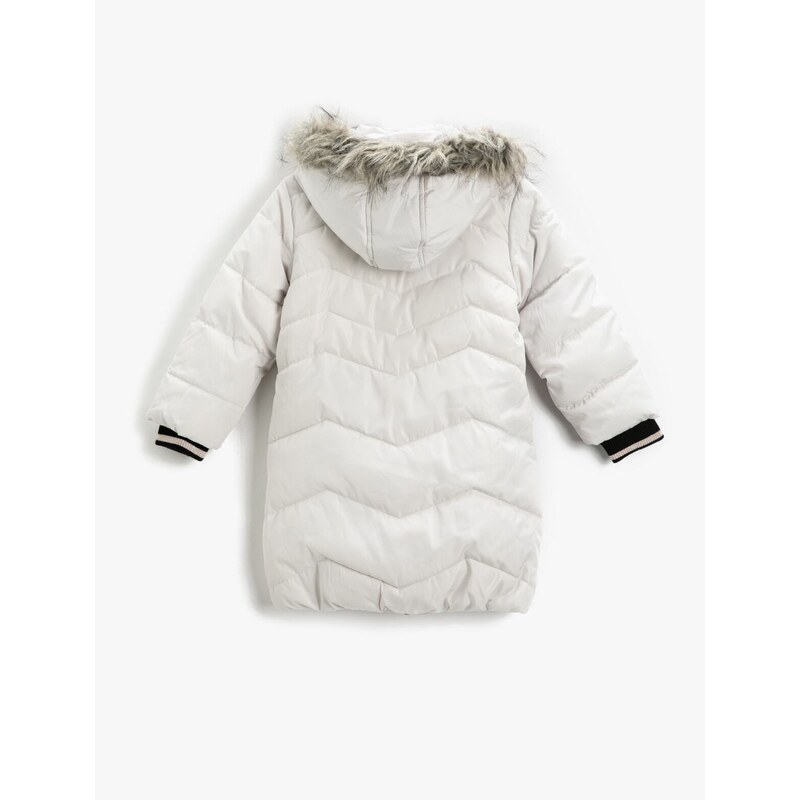 Koton Inflatable Long Coat Faux Fur Detailed Hooded, Zippered with Pocket.