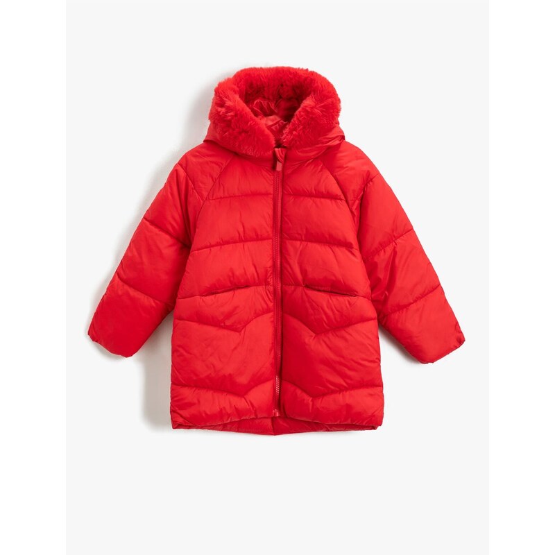 Koton Long Puffer Coat Hooded Faux Für Detailed