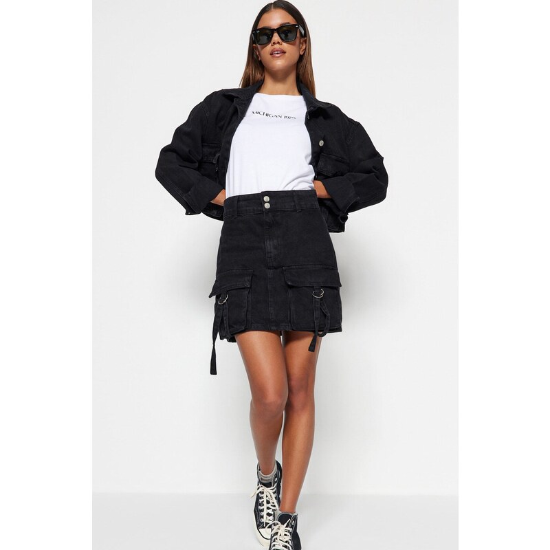 Trendyol Black Cargo Pocket Detailed High Waist Mini Denim Skirt