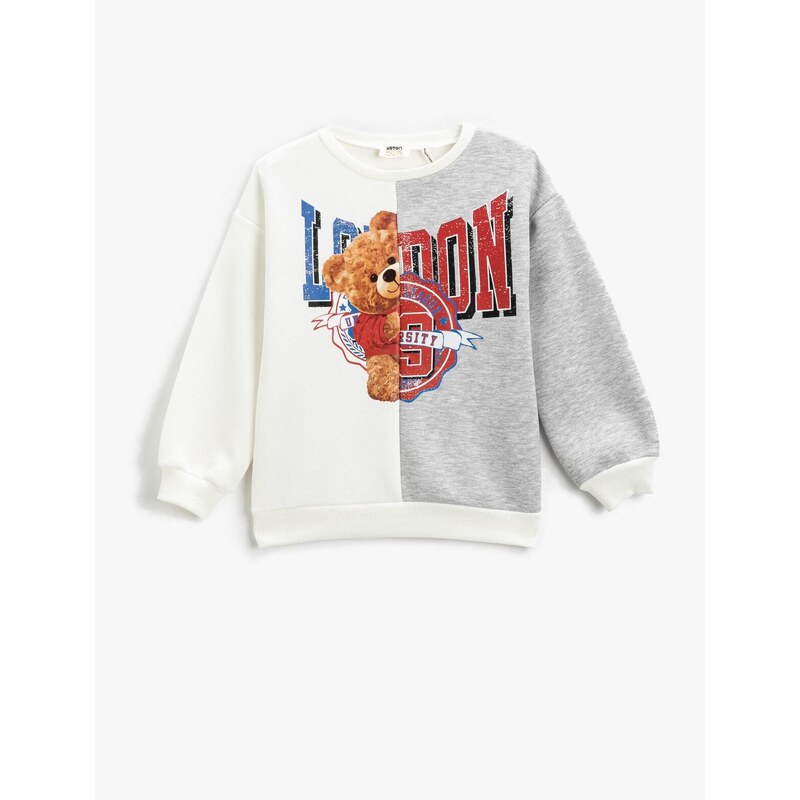 Koton College Theme with Teddy Bear Print Sweatshirt with Color Contrast Crew Neck