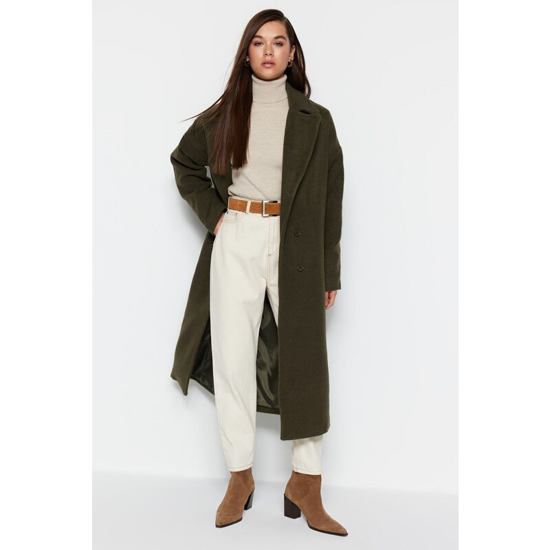 Trendyol Khaki Oversize široký střih dlouhý vlněný kašmírový kabát