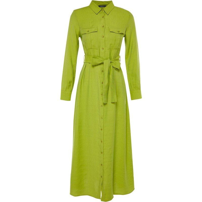 Trendyol olej zelená pásková kapsa s detailními tkanými košilovými šaty