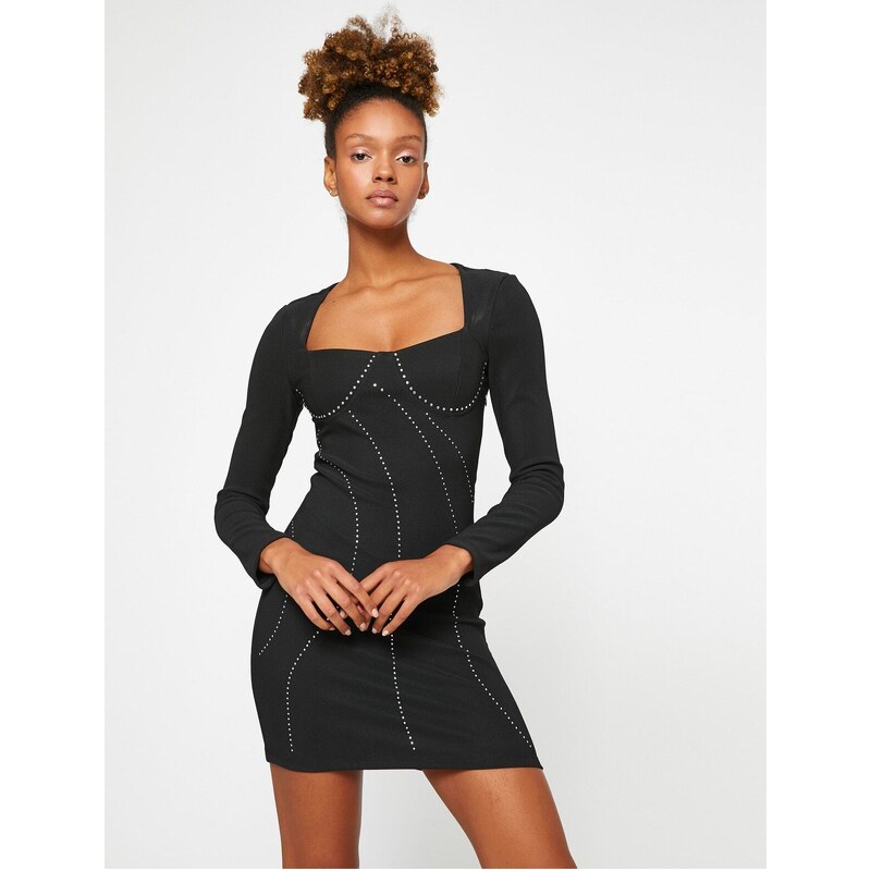 Koton Mini Dress Long Sleeve Square Neck Stony