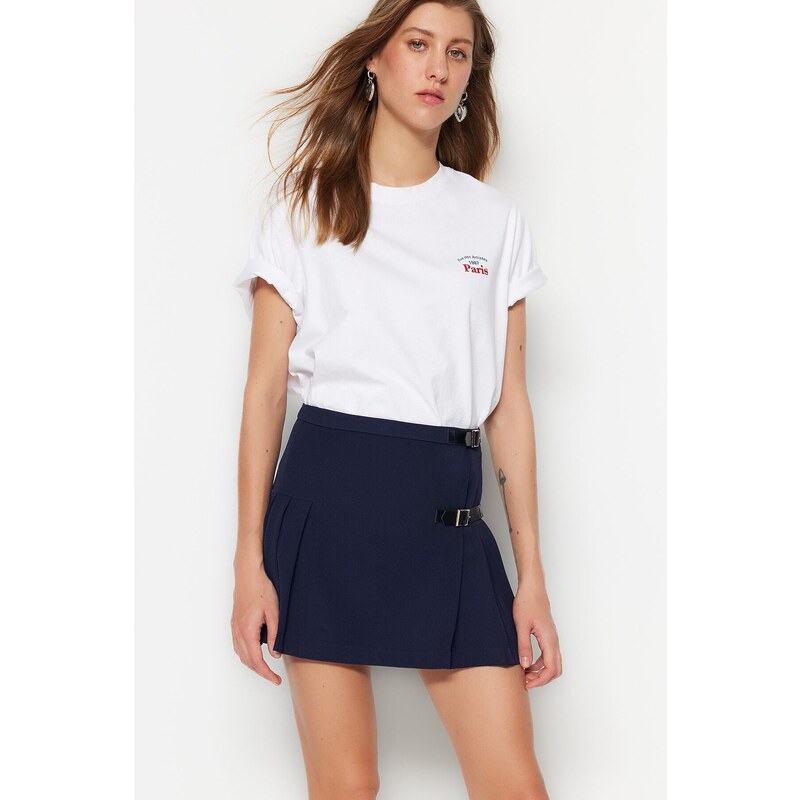 Trendyol Navy Blue Belted Mini Weave Skirt