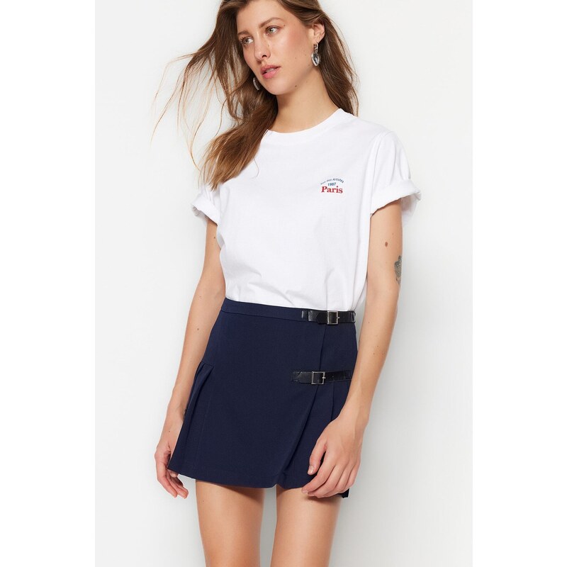 Trendyol Navy Blue Belted Mini Weave Skirt