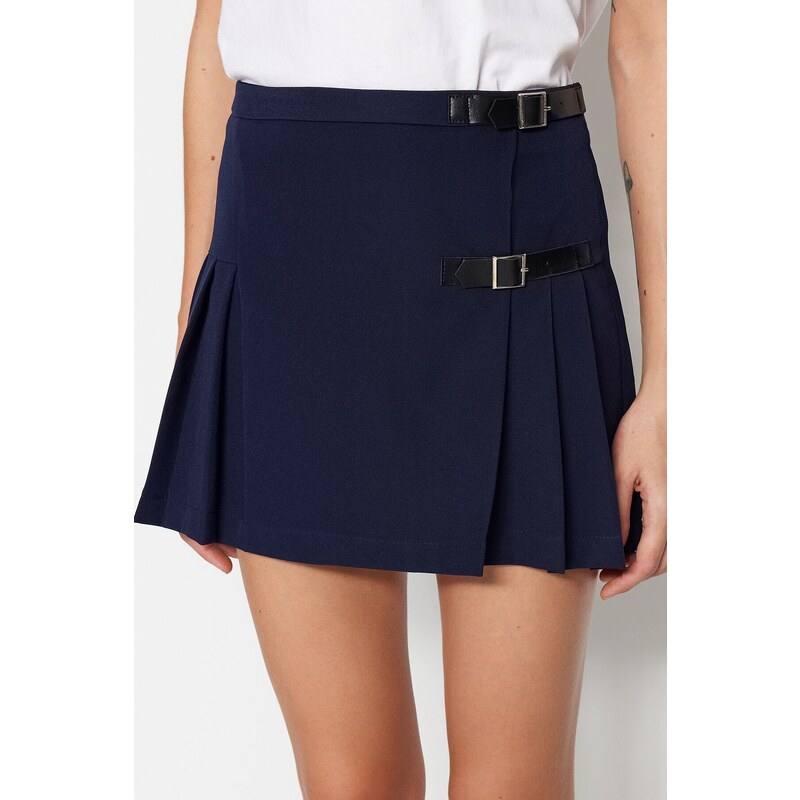 Trendyol Navy Blue Belted Mini Weave Skirt