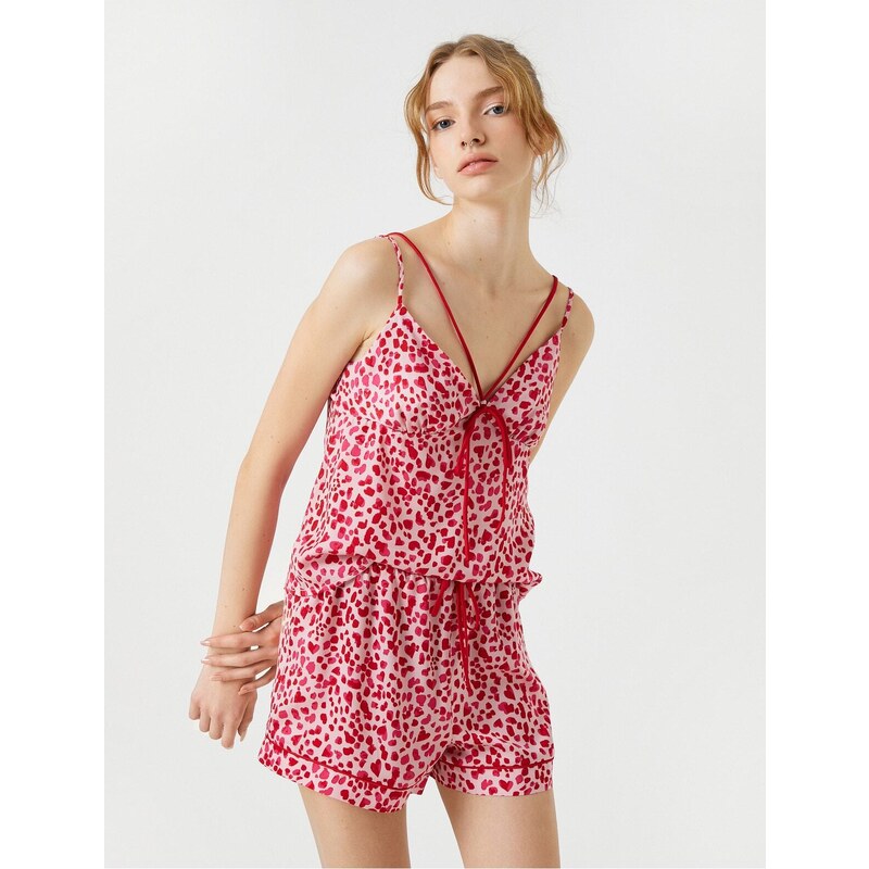 Koton Pajama Top with a Heart Print and Thin Straps V-neck