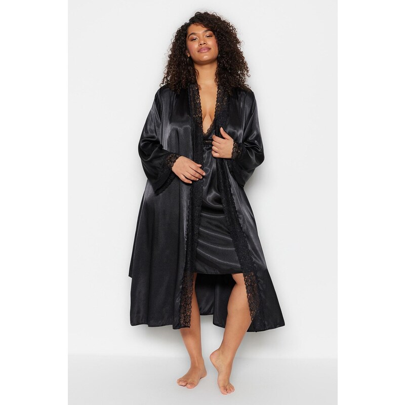 Trendyol Curve Black Plain Satin Dressing Gown