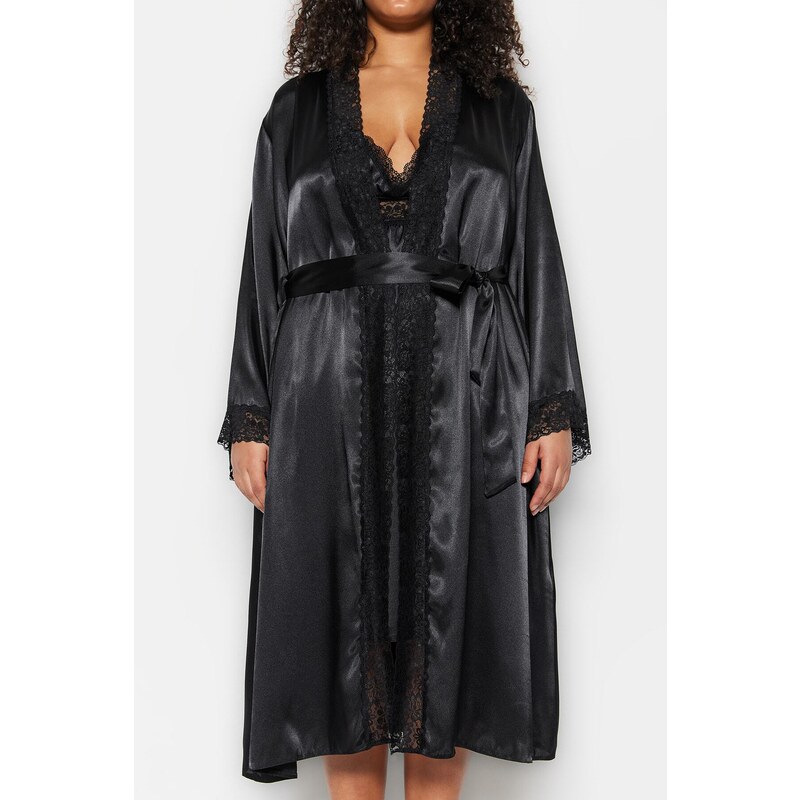 Trendyol Curve Black Plain Satin Dressing Gown