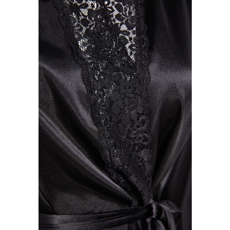 Trendyol Curve Black Plain Satin Dressing Gown