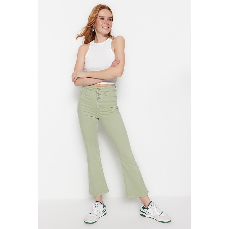 Trendyol Mint High Waist Crop Flare Jeans With Buttons In The Front