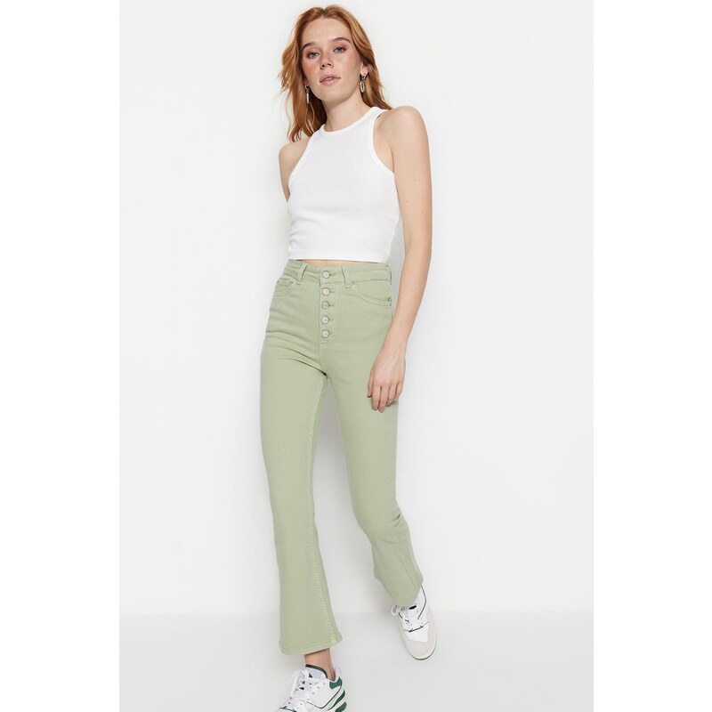 Trendyol Mint High Waist Crop Flare Jeans With Buttons In The Front