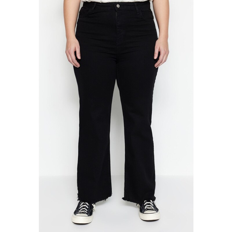 Trendyol Curve Černá vysoká pasová špinavá podšívka Detailní džíny se širokými nohavicemi.
