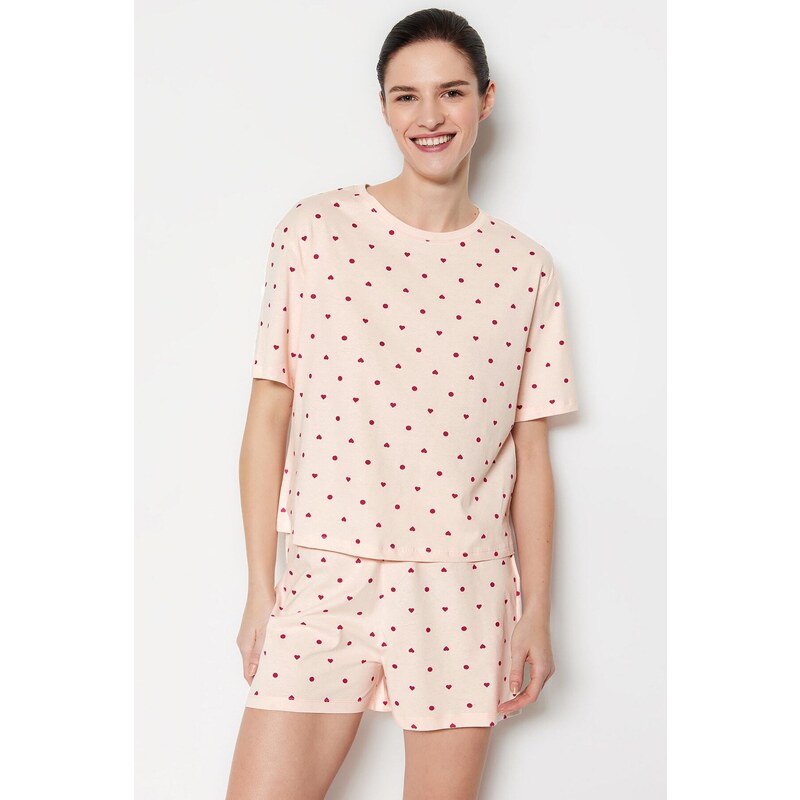 Trendyol Light Pink 100% Cotton Heart Patterned T-shirt-Shorts Knitted Pajamas Set