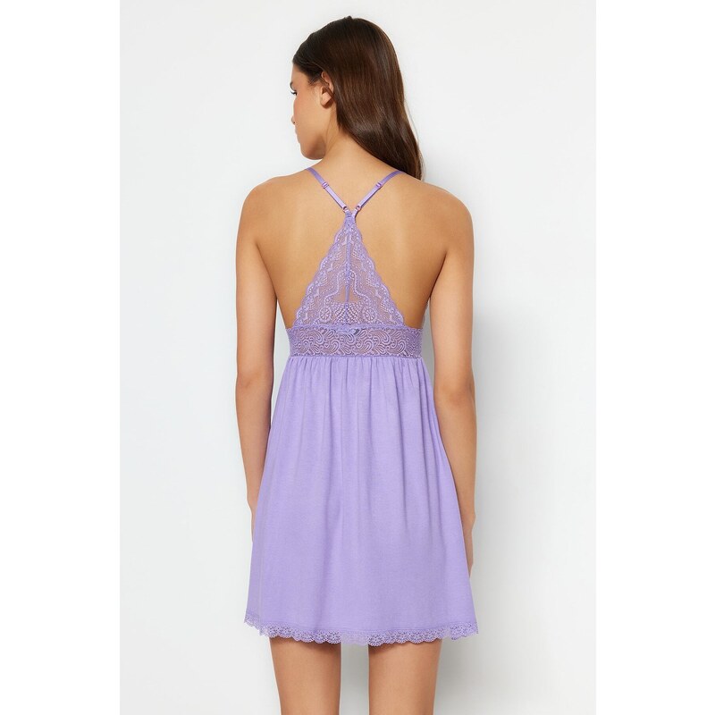 Trendyol Lilac Lace and Back Detail Viscose Knitted Nightshirt