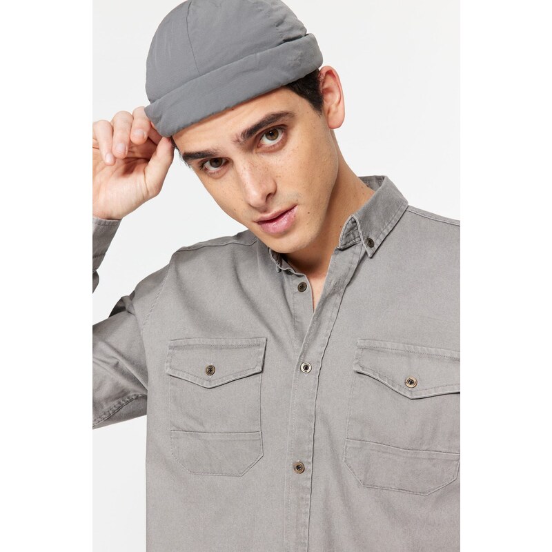 Trendyol Gray Regular Fit Double Pocketed Shirt