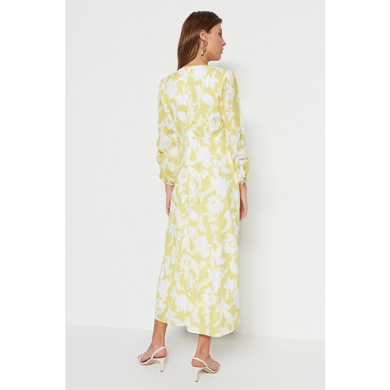 Trendyol žluté květinové vzorované večerní šaty s nařaseným lemovaným pasem