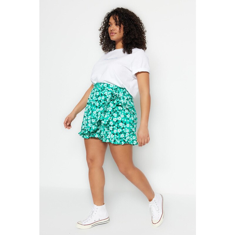 Trendyol Curve Green Floral Pattern Woven Tie Short Skirt