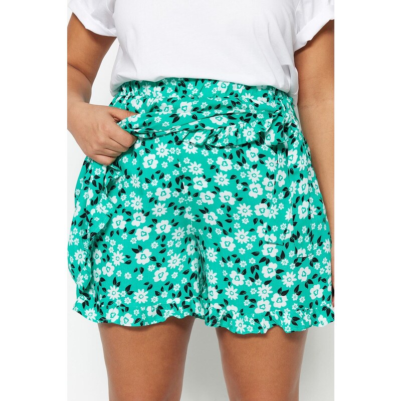 Trendyol Curve Green Floral Pattern Woven Tie Short Skirt