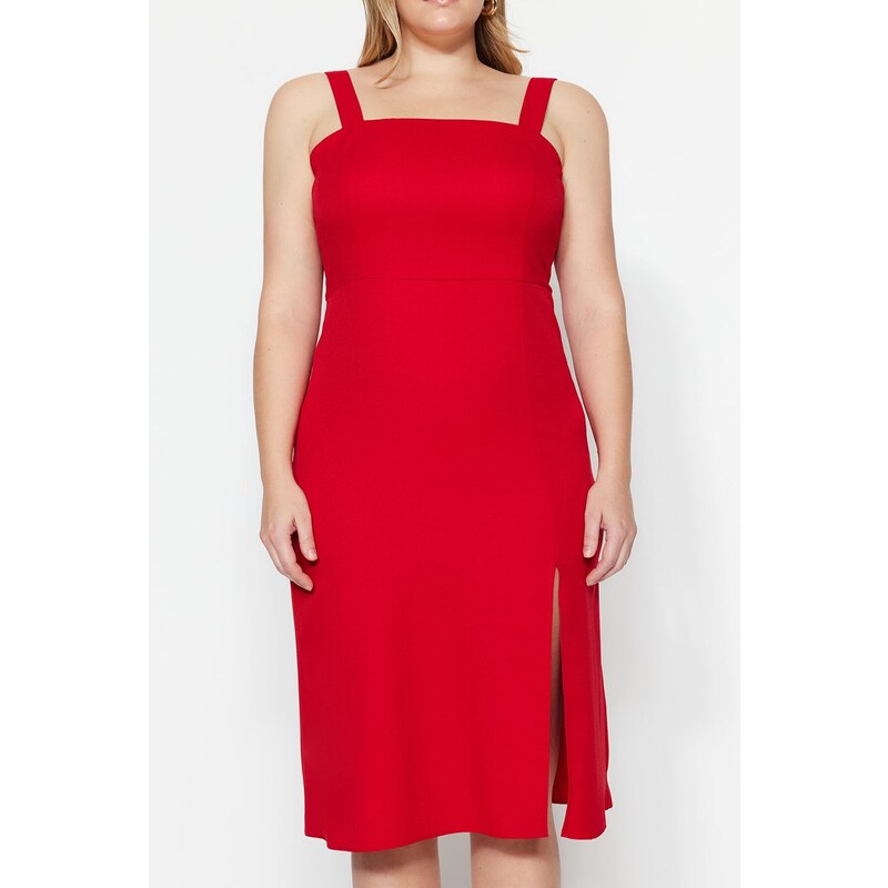 Trendyol Curve červené tkané šaty s rozparkem