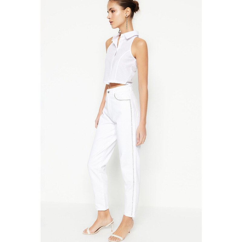 Trendyol White Trocked High Waist Mom Jeans