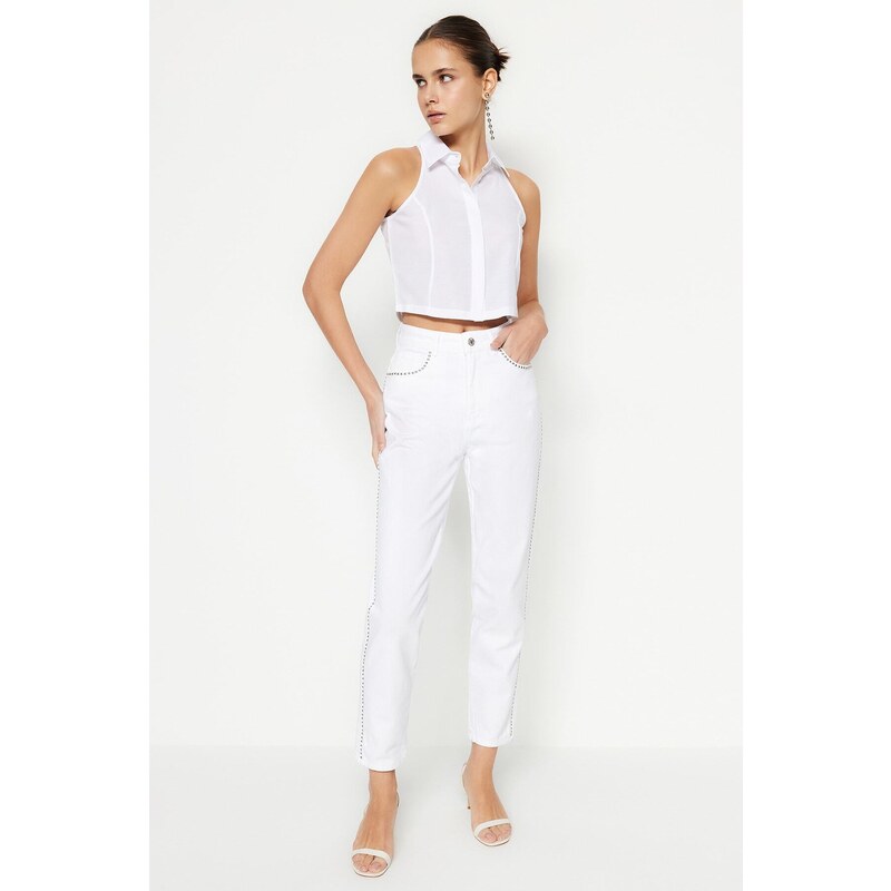 Trendyol White Trocked High Waist Mom Jeans