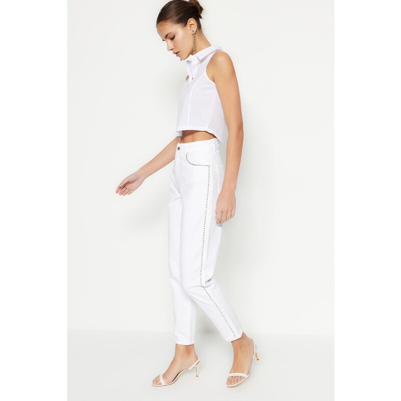 Trendyol White Trocked High Waist Mom Jeans