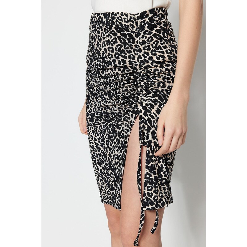 Trendyol Brown Printed High Waist Mini Knitted Mini Skirt With Pleats and Slits