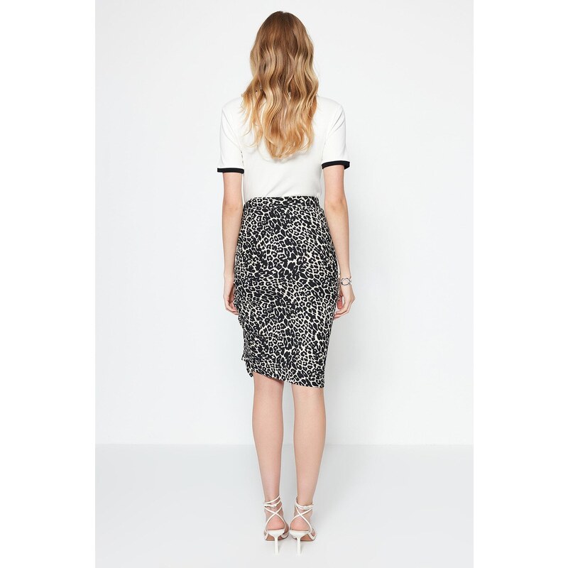 Trendyol Brown Printed High Waist Mini Knitted Mini Skirt With Pleats and Slits