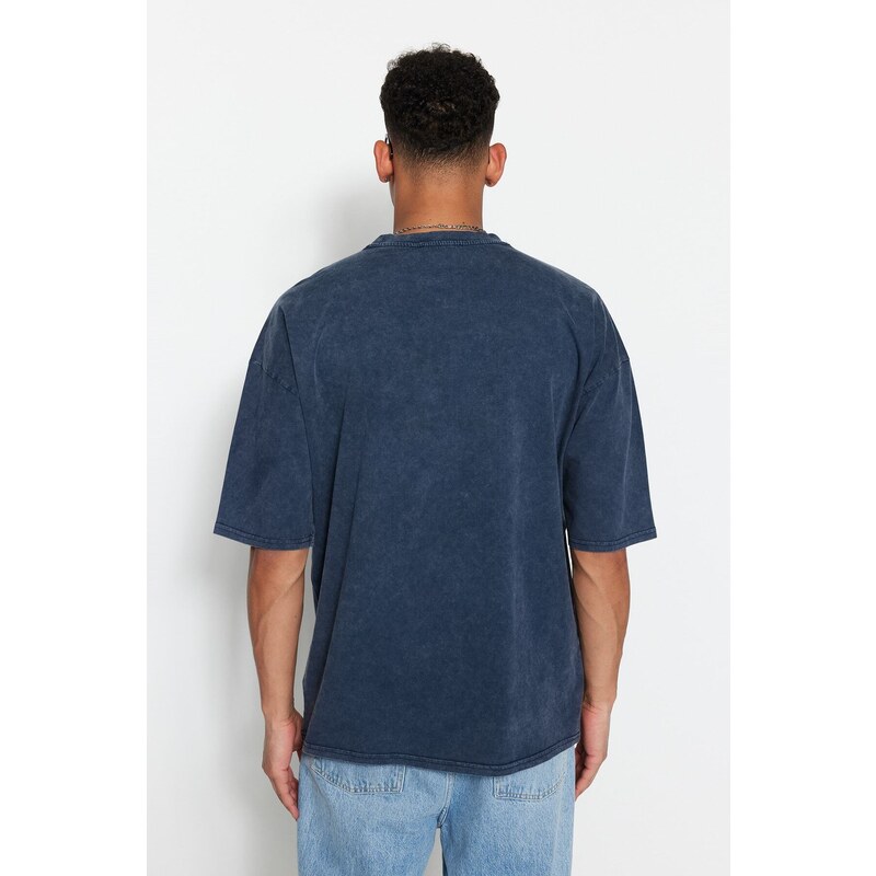 Trendyol Limited Edition Indigo Oversize/Wide Fit Pale 100% Cotton Thick T-Shirt