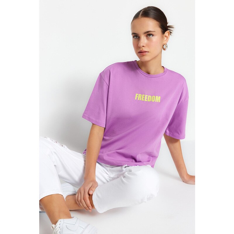 Trendyol Lilac 100% Cotton Slogan Printed Relaxed Crewneck Knitted T-Shirt