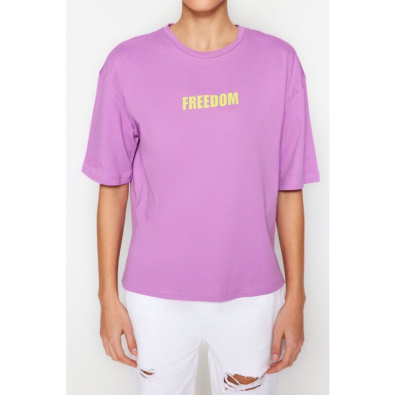 Trendyol Lilac 100% Cotton Slogan Printed Relaxed Crewneck Knitted T-Shirt