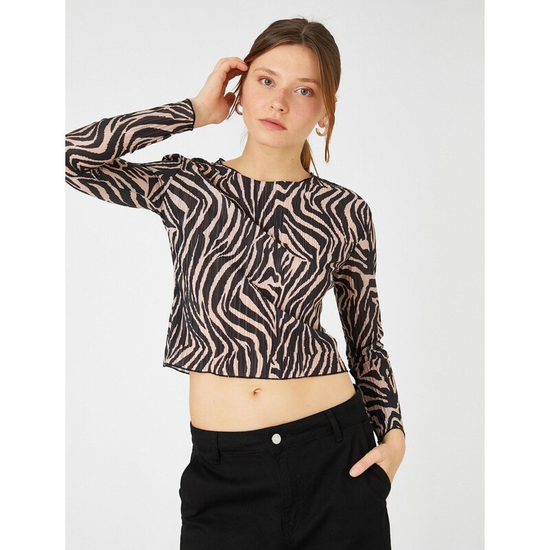 Koton Pleated Crop T-Shirt Crew Neck Long Sleeve