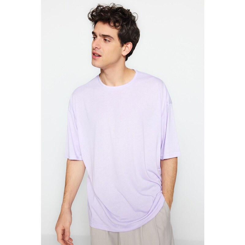 Trendyol Lilac Men's Oversize/Wide Cut Crew Neck Short Sleeved Printed T-Shirt