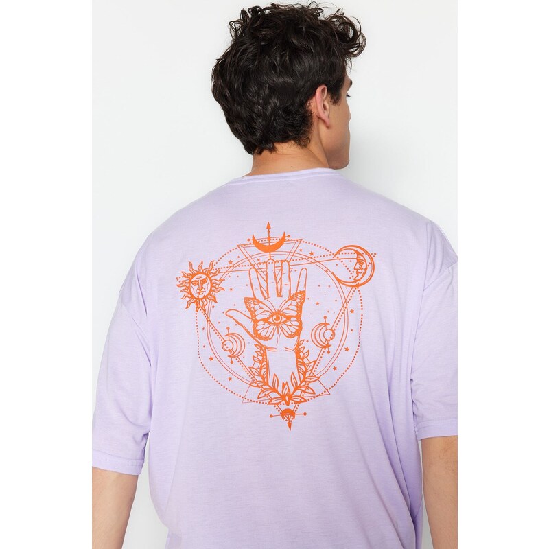 Trendyol Lilac Men's Oversize/Wide Cut Crew Neck Short Sleeved Printed T-Shirt