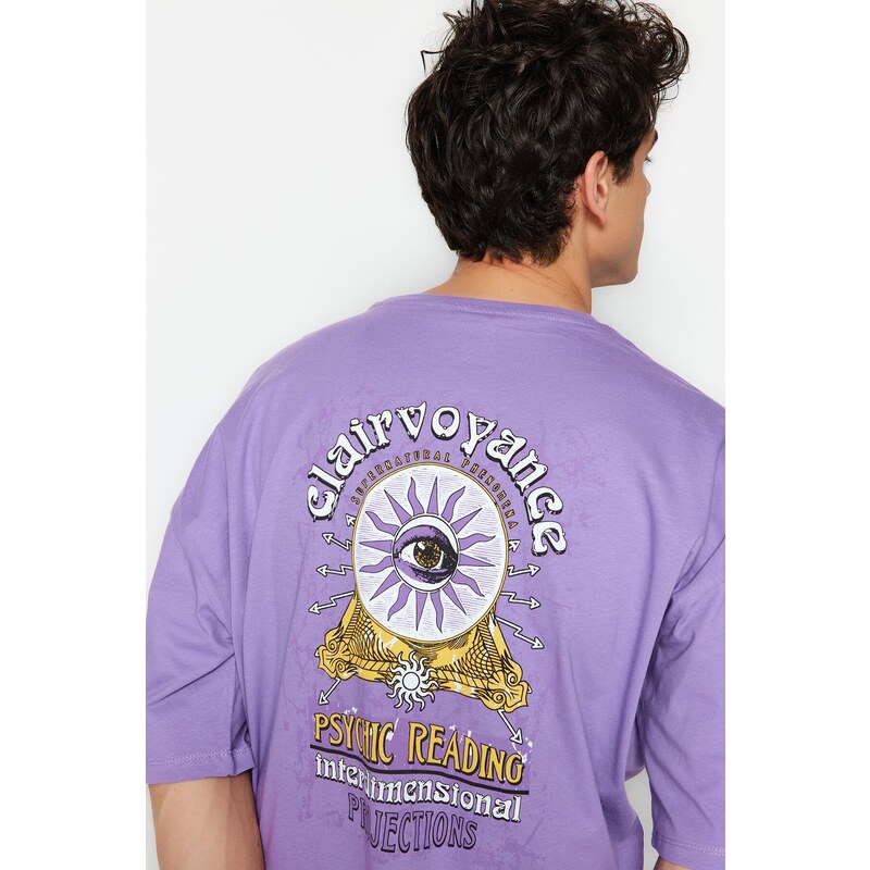 Trendyol Dark Lilac Oversize Back Printed Short Sleeve T-Shirt