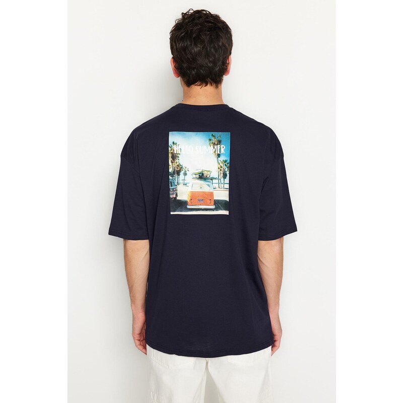 Trendyol Navy Blue Oversize/Wide Cut 100% Cotton Tropical Back Printed T-Shirt