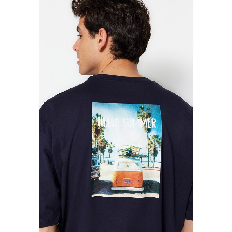 Trendyol Navy Blue Oversize/Wide Cut 100% Cotton Tropical Back Printed T-Shirt