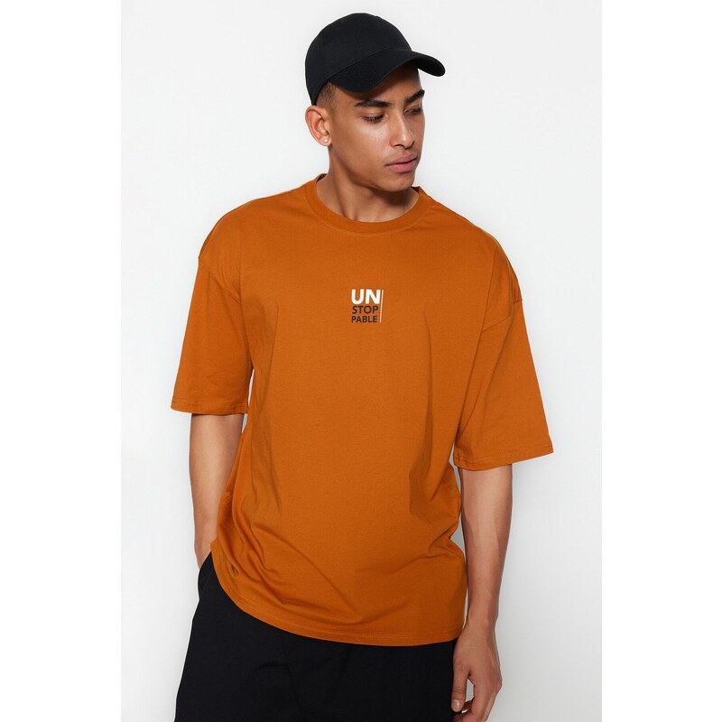 Trendyol Orange Oversize/Wide-Fit Text Print Short Sleeve 100% Cotton T-Shirt